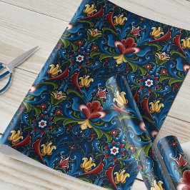 Papel De Presente Rosemaling Escandinavo Folclórico Azul Vermelho