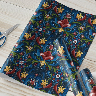 Papel De Presente Rosemaling Escandinavo Folclórico Azul Vermelho