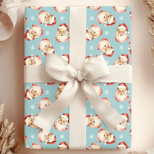 Papel De Presente Rosto de Papai Noel Vintage Azul Aquarela