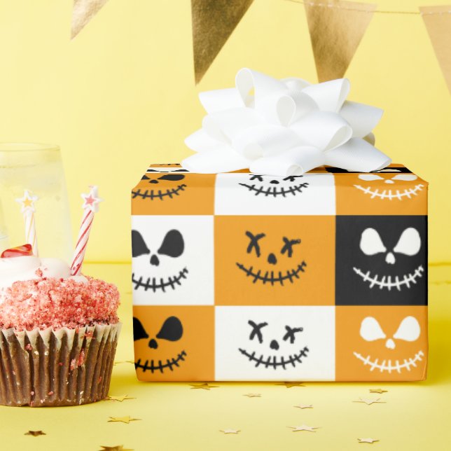 Papel De Presente Rosto Stitch Spooky | Black Orange White Halloween (Festa de aniversário)