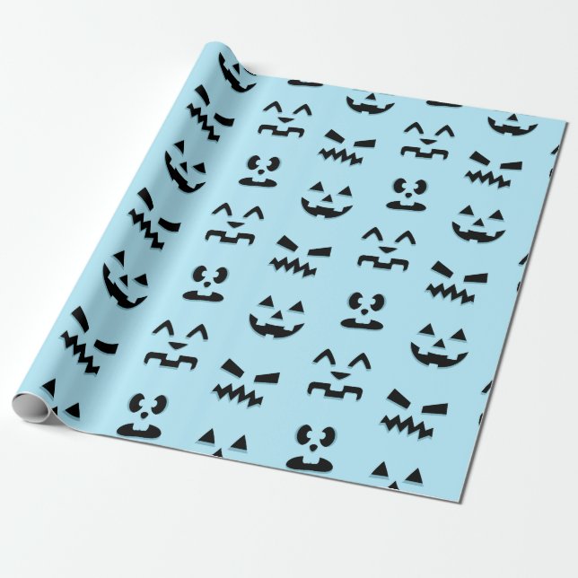 Papel De Presente Rostos de abóbora de lua azul (Desenrolado)