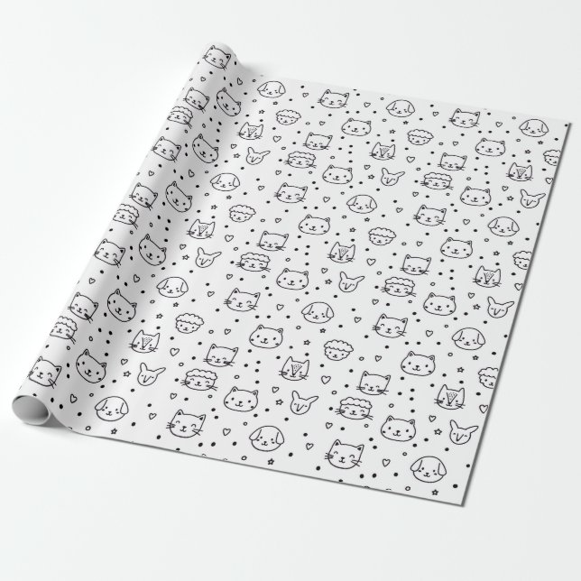 Papel De Presente Rostos de Animais Minimalistas Fofos (Desenrolado)