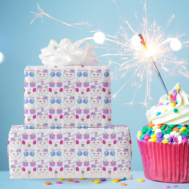 Papel De Presente Rostos de Gatos Doces Celebração de Aniversário Fe (Criador carregado)