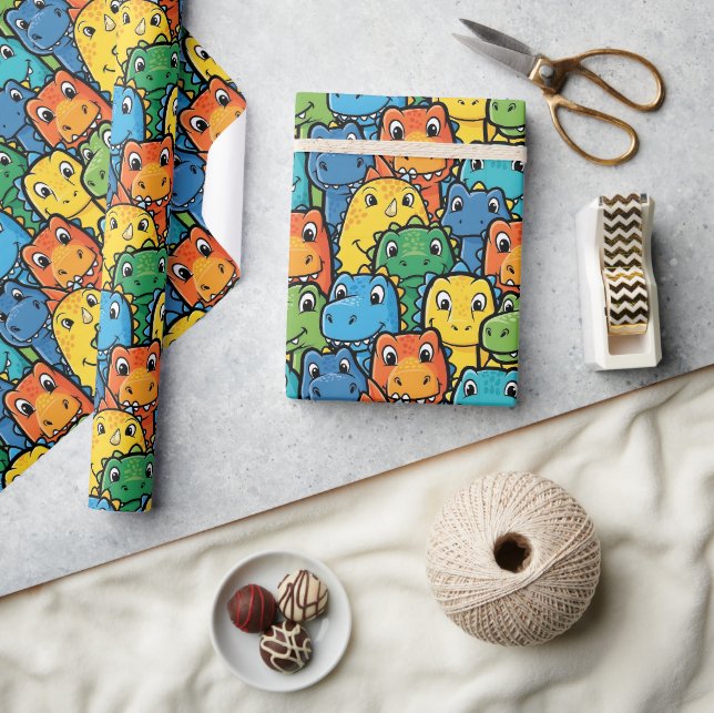 Papel De Presente Rostos Felizes de Dinossauros Padrão Aglomerado (Artesanato)