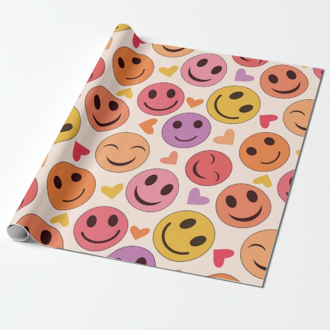 Papel De Presente Rostos felizes sorridentes coloridos com corações  (Desenrolado)