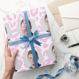 Papel De Presente Rostos Personalizados Estampa de Leopardo Rosa