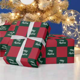 Papel De Presente Roteiro de Natal Feliz em Xadrez Verde e Vermelho