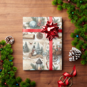 Papel De Presente Roteiro de Natal/Inverno Antigo em Aquarela