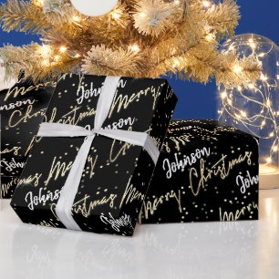 Papel De Presente Roteiro de Ouro Feliz de Natal do Nome BlackWhite