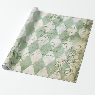 Papel De Presente Roteiro Floral Harlequim Verde Vintage