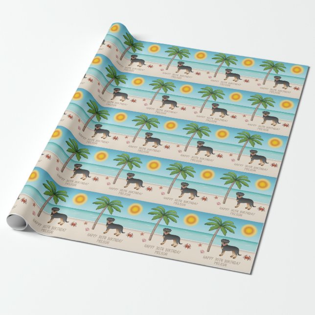 Papel De Presente Rottweiler Black & Tan em uma praia tropical de ve (Desenrolado)