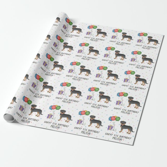 Papel De Presente Rottweiler Cartoon Preto e Castanho - Aniversário (Desenrolado)