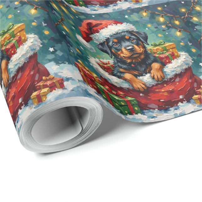 Papel De Presente Rottweiler Christmas Santa Bag Adventure (Ponta do rolo)