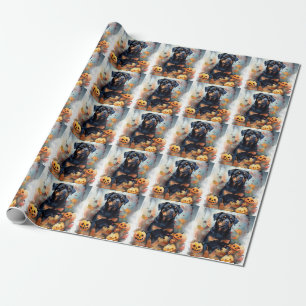 Papel De Presente Rottweiler de Halloween com Abóboras Assustador