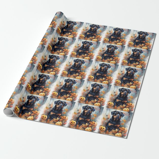Papel De Presente Rottweiler de Halloween com Abóboras Assustador (Desenrolado)