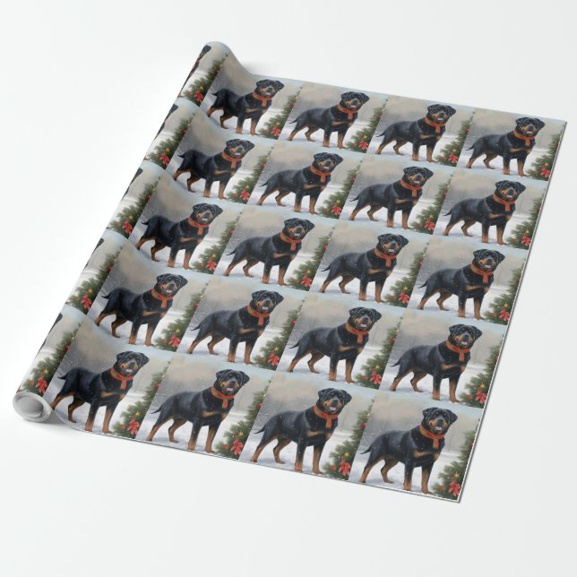 Papel De Presente Rottweiler no Natal na Neve (Desenrolado)