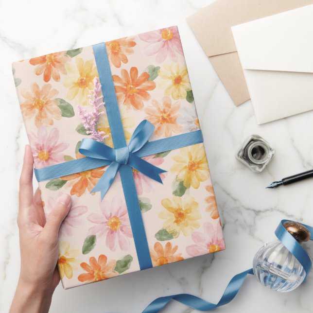 Papel De Presente Roxo Amarelo Azul Flores Aniversário Pêssego (Presentear)