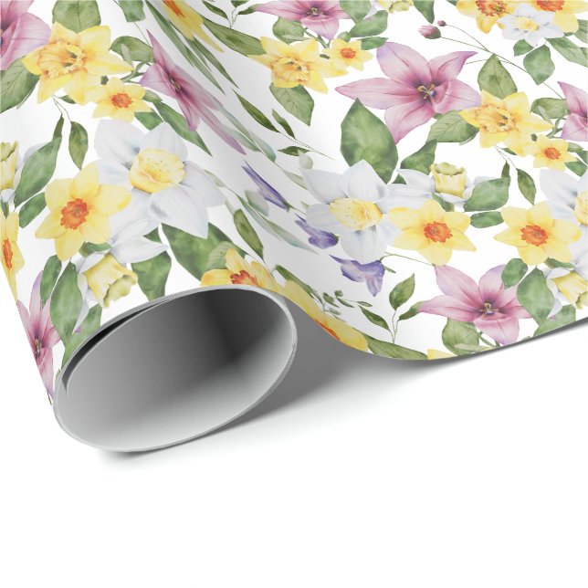 Papel De Presente Roxo Amarelo Branco Verde Floral Folhagem  (Ponta do rolo)