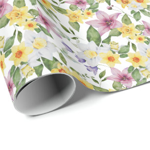 Papel De Presente Roxo Amarelo Branco Verde Folhas Florais 