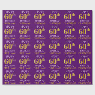 Papel De Presente Roxo, ANIVERSÁRIO FELIZ Dourado do falso "60th "