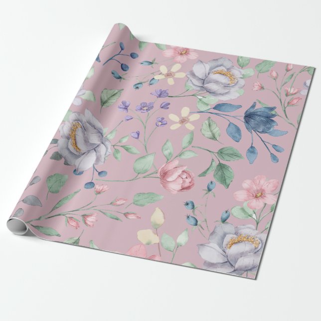 Papel De Presente Roxo Azul e Amarelo Floral Roxo (Desenrolado)