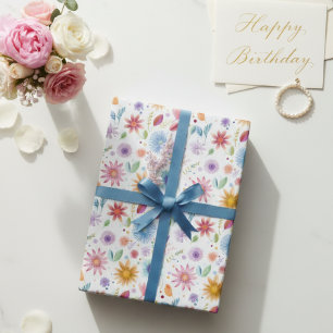 Papel De Presente Roxo Azul Rosa Boho Flor Silvestre