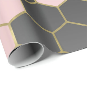 Papel De Presente Roxo Bege Cinza e Dourado Hexágono Glam Moderno