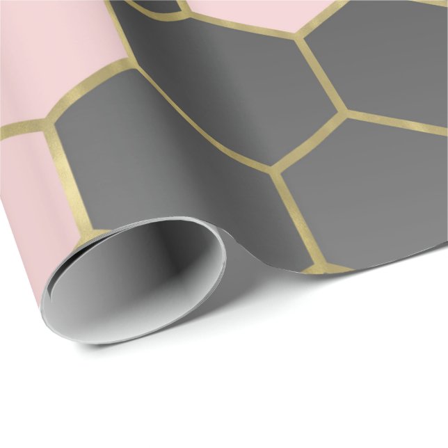 Papel De Presente Roxo Bege Cinza e Dourado Hexágono Glam Moderno (Ponta do rolo)