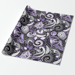 Papel De Presente Roxo Branco Estampa Paisley Festa de Aniversário E