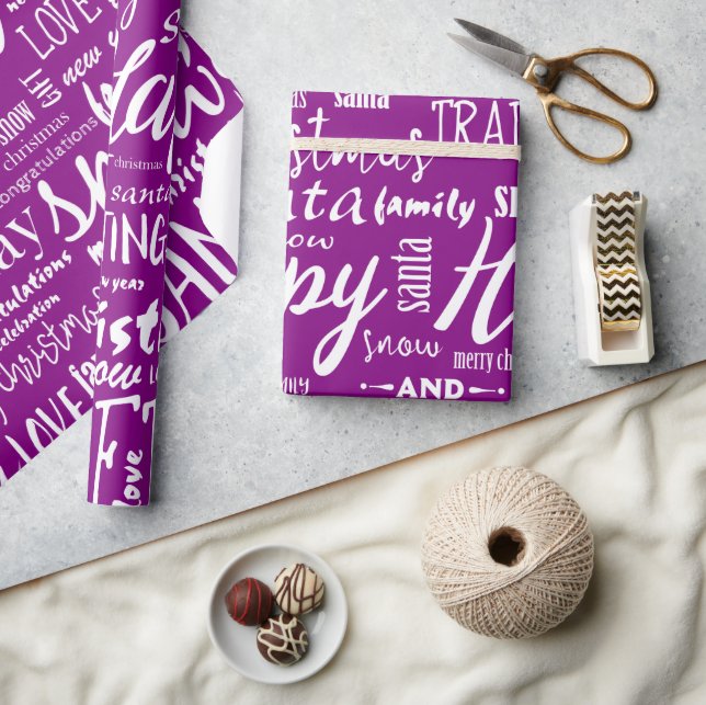 Papel De Presente Roxo Caprichoso Feliz Natal Script (Artesanato)