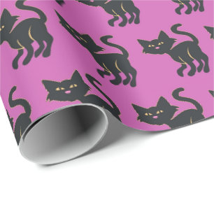 Papel De Presente Roxo de Halloween e Padrão de Gato Preto Fofo