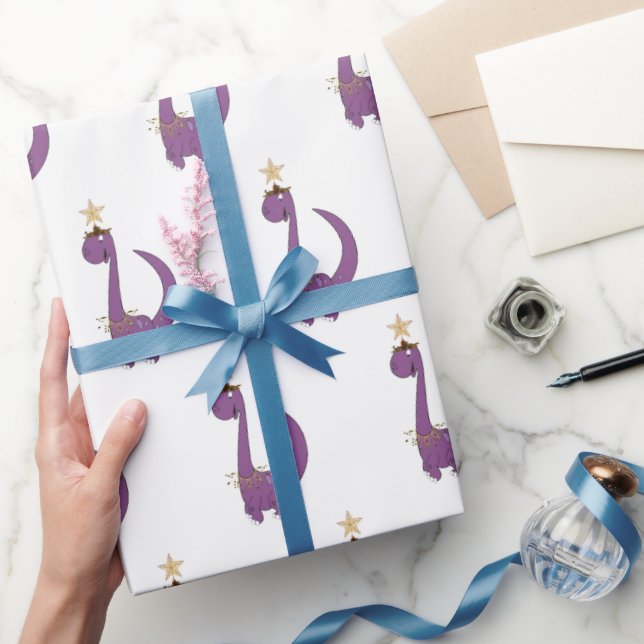 Papel De Presente Roxo Dino com sua estrela de Natal (Presentear)