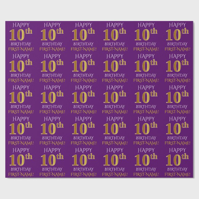Papel De Presente Roxo, Dourado "FELIZ 10 ANOS" (Aberto)