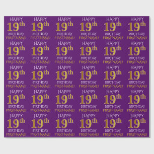Papel De Presente Roxo, Dourado "FELIZ 19 ANOS"