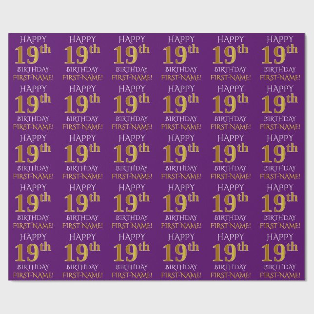 Papel De Presente Roxo, Dourado "FELIZ 19 ANOS" (Aberto)