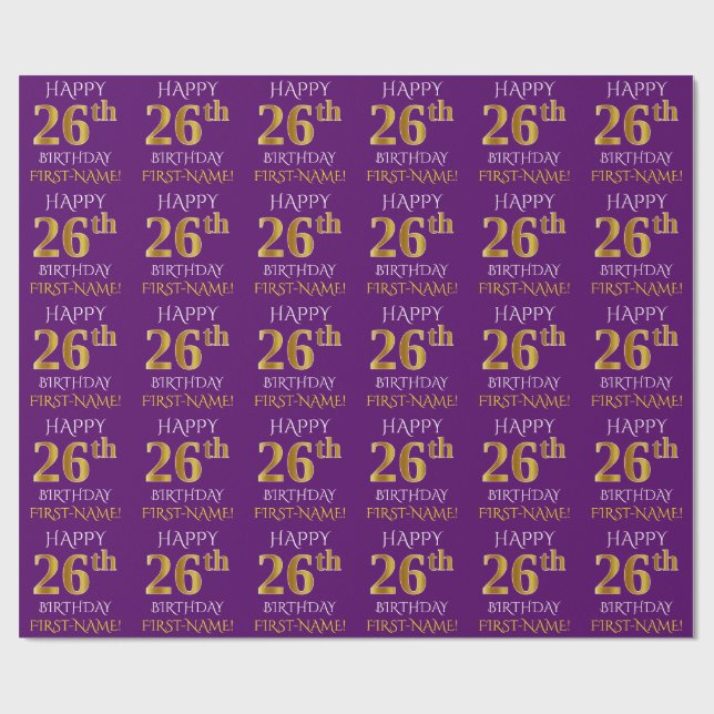 Papel De Presente Roxo, Dourado "FELIZ 26 ANOS" (Aberto)