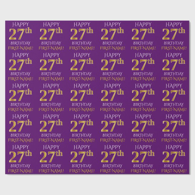 Papel De Presente Roxo, Dourado "FELIZ 27 ANOS" (Aberto)