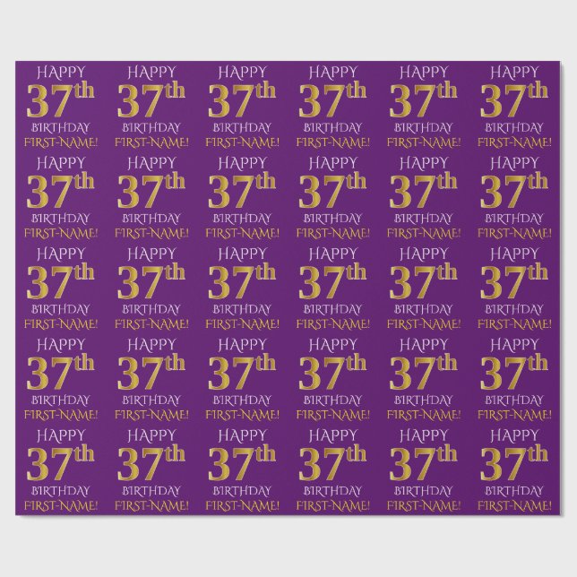 Papel De Presente Roxo, Dourado "FELIZ 37 ANOS" (Aberto)