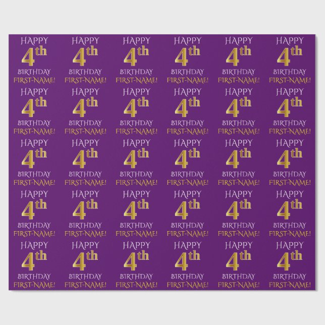 Papel De Presente Roxo, Dourado "FELIZ 4º ANIVERSÁRIO" (Aberto)
