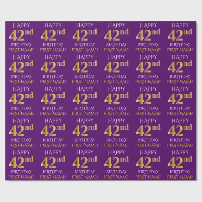 Papel De Presente Roxo, Dourado "FELIZ 42º ANIVERSÁRIO" (Aberto)