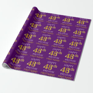 Papel De Presente Roxo, Dourado "FELIZ 48 ANOS"