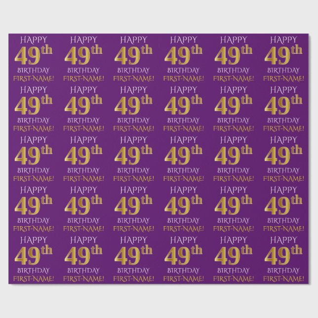 Papel De Presente Roxo, Dourado "FELIZ 49 ANOS" (Aberto)