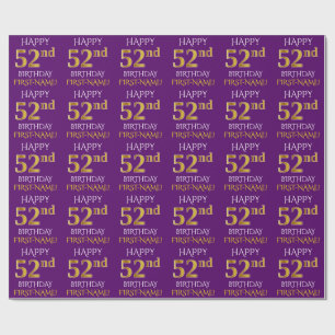 Papel De Presente Roxo, Dourado "FELIZ 52º ANIVERSÁRIO"