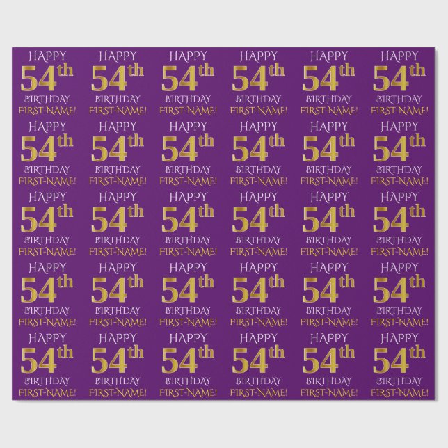Papel De Presente Roxo, Dourado "FELIZ 54 ANOS" (Aberto)