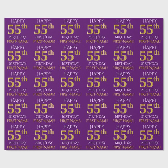 Papel De Presente Roxo, Dourado "FELIZ 55 ANOS" (Aberto)