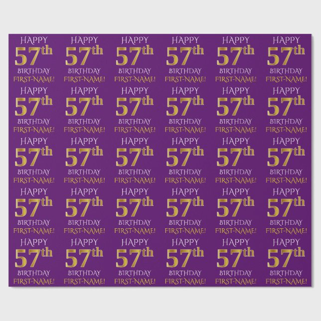 Papel De Presente Roxo, Dourado "FELIZ 57º ANIVERSÁRIO" (Aberto)