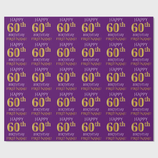 Papel De Presente Roxo, Dourado "FELIZ 60 ANOS" (Aberto)