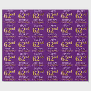 Papel De Presente Roxo, Dourado "FELIZ 62º ANIVERSÁRIO"
