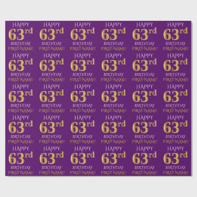 Papel De Presente Roxo, Dourado "FELIZ 63 ANOS" (Aberto)