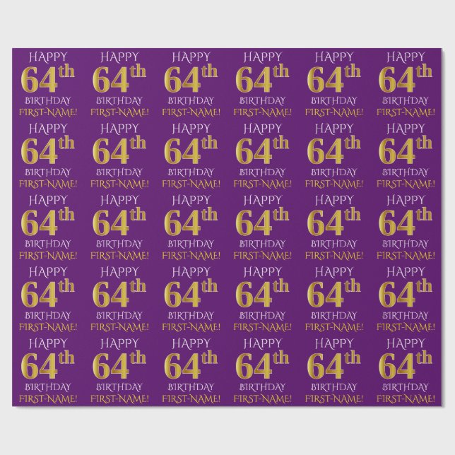 Papel De Presente Roxo, Dourado "FELIZ 64 ANOS" (Aberto)